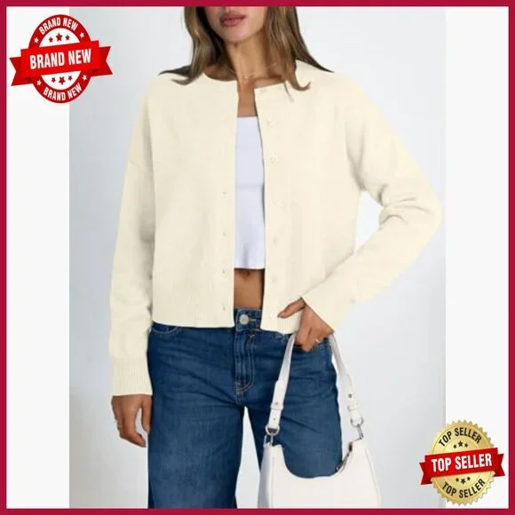 Large Lightweight Cropped Cardigan, Button Front, Ribbed Hem, Versatile Layering - Picture 2 of 6